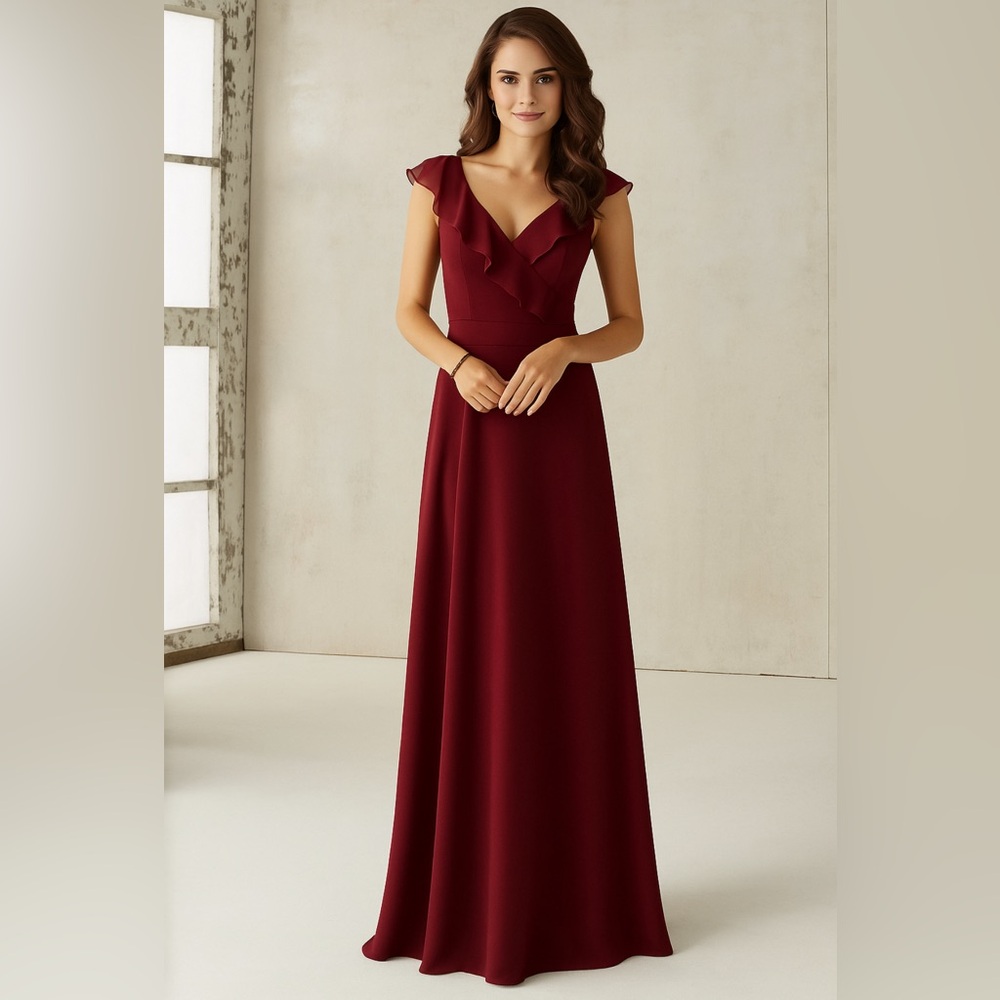 Mori Lee CHIFFON BRIDESMAIDS DRESS V-NECK AND RUFFLE NECKLINE Burgundy Claret